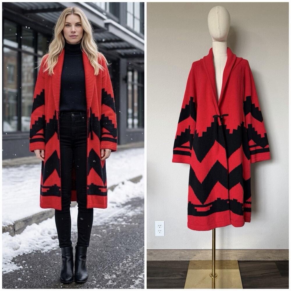 Soft Surroundings Label Noir Lambswool Red & Black Aztec Longline Cardigan Sz L